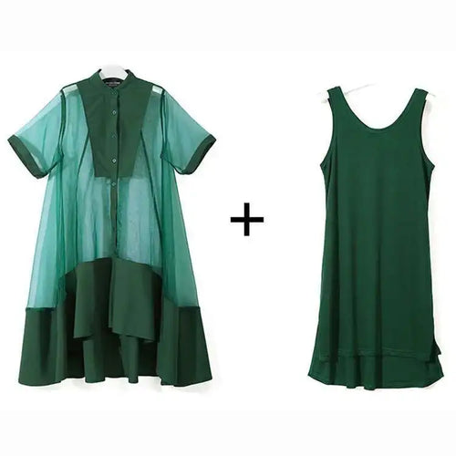 Load image into Gallery viewer, Women Green Organza Irregular Shirt Dress New Stand Collar Half Sleeve Loose Fit Fashion Tide Spring Summer 2025 JT581
