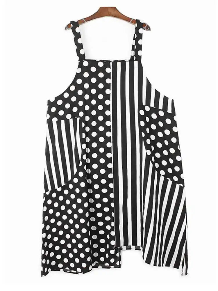 Women Black Dot Printed Big Size Pocket Strap Dress New Square Collar Sleeveless Fashion Tide Spring Autumn 2025 1DH6187