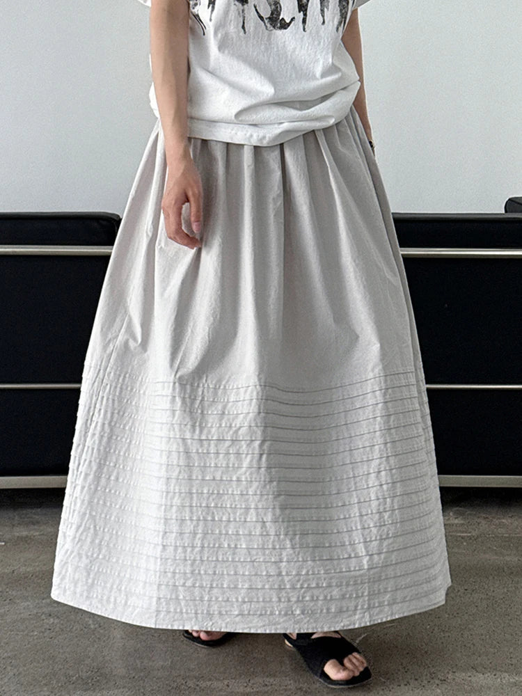 High Elastic Waist White Striped Pleated Midi A-line Half-body Skirt Women Fashion Tide New Spring Autumn 2025 1DJ1423
