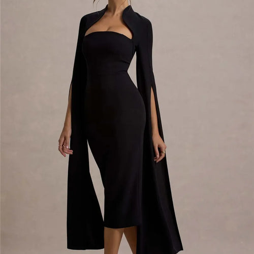 Load image into Gallery viewer, Cape Long Sleeve Sexy Midi Dress For Women Autumn Winter New Square Collar Back Slit Bodycon Club Party Long Dress
