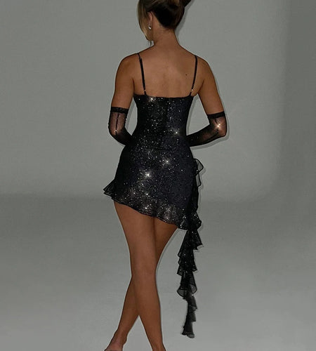 Elegant Strapless Ruffle Sexy Mini Dress For Women Fashion Off-shoulder Backless Sequins Sparkle Club Party Dress