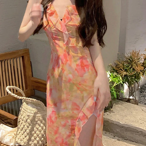 Load image into Gallery viewer, French Style Printed Strapless Women&#39;s Dresses Summer Slim Waist Split Sleeveless V-neck Female Dress Sexy Vacation Dress
