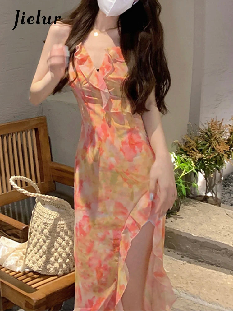 French Style Printed Strapless Women's Dresses Summer Slim Waist Split Sleeveless V-neck Female Dress Sexy Vacation Dress