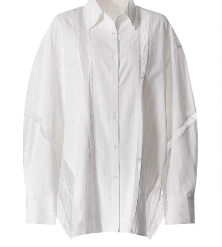 Women White Striped Lace Hollow Out Big Size Blouse New Lapel Long Sleeve Shirt Fashion Tide Spring Autumn 2025 7AB9277