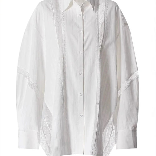 Load image into Gallery viewer, Women White Striped Lace Hollow Out Big Size Blouse New Lapel Long Sleeve Shirt Fashion Tide Spring Autumn 2025 7AB9277
