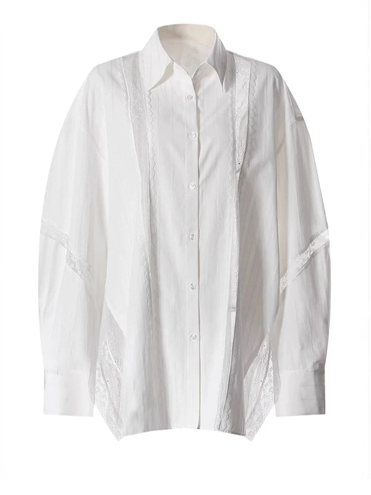 Women White Striped Lace Hollow Out Big Size Blouse New Lapel Long Sleeve Shirt Fashion Tide Spring Autumn 2025 7AB9277