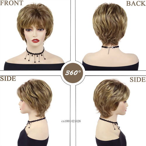 Load image into Gallery viewer, Synthetic Short Hair Brown Mix Blonde Wigs for Women Natural Hairstyles Mommy Wig with Bangs Casual Style Daily Replacement Wigs
