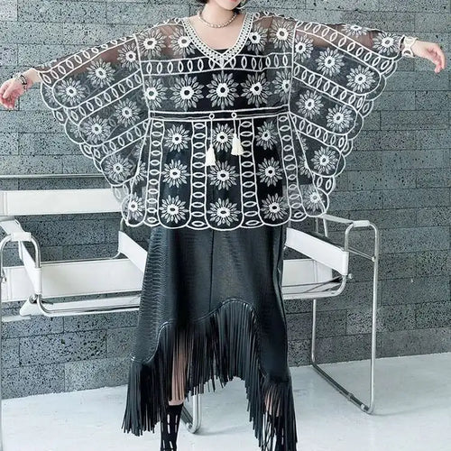 Load image into Gallery viewer, Women Black Lace Hollow Out Big Size Blouse New V-Neck Long Batwing Sleeve Shirt Fashion Tide Spring Autumn 2025  1DJ0786
