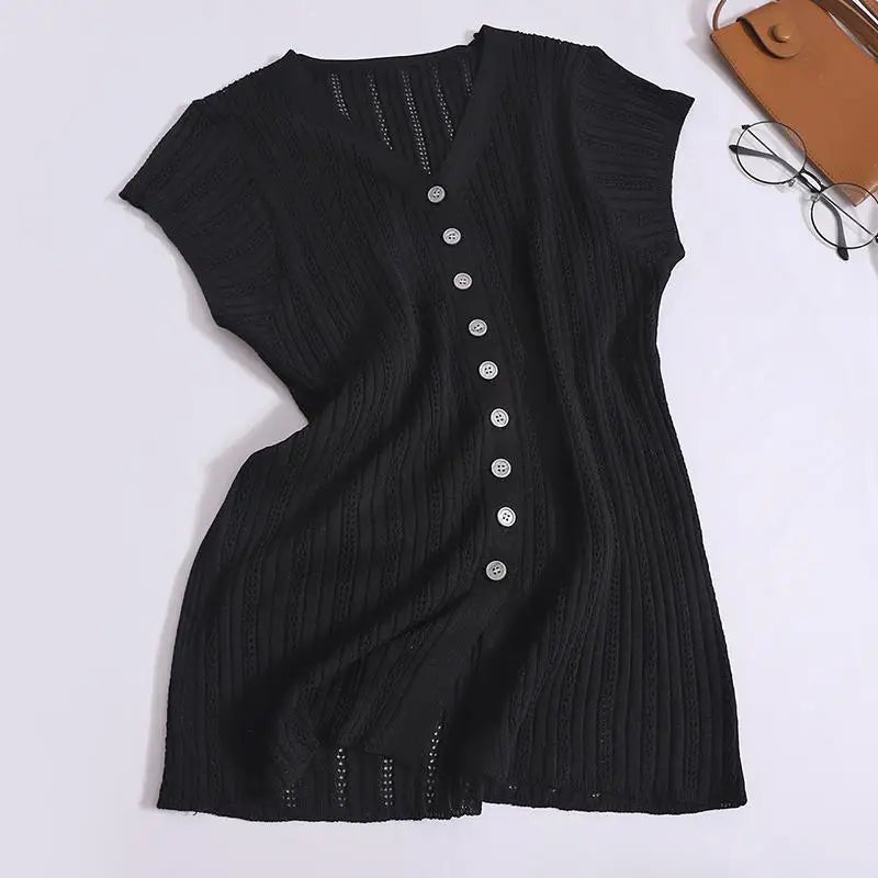 Women Solid Single Breasted Slim Hollow Out Knitted T-shirt Summer Short Sleeve V-neck Cardigan Tops 2024 Versatile Fashion New