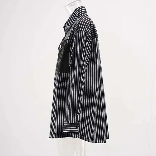 Load image into Gallery viewer, Women Black Striped Denim Spliced Big Size Blouse New Lapel Long Sleeve Shirt Fashion Tide Spring Autumn 2025 CP6A0001
