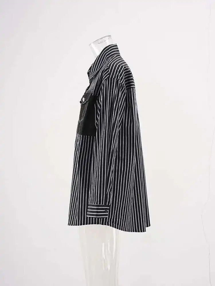 Women Black Striped Denim Spliced Big Size Blouse New Lapel Long Sleeve Shirt Fashion Tide Spring Autumn 2025 CP6A0001