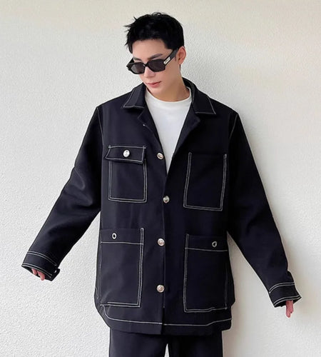 Men's Jacket New Open Line Solid Color Design Korean Turn-down Collar Multi Pockets Handsome Suit Jackets Spring 9W1520