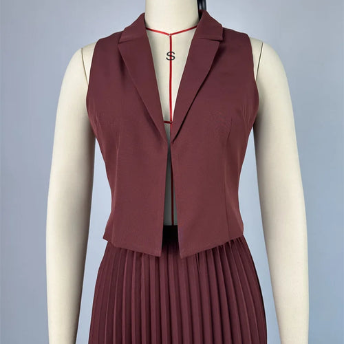 Load image into Gallery viewer, Fashion Skirt Two Piece Sets Women Notched Collar Sleeveless Crop Tops And Midi Skirt Femme Elegant Pleated Skirt Sets
