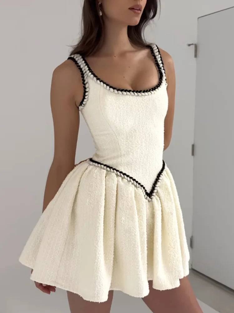 Sleeveless A-line Sexy Mini Dress For Women White Spaghetti Strap Sleeveless Backless Pleated Club Party Dress Clubwear