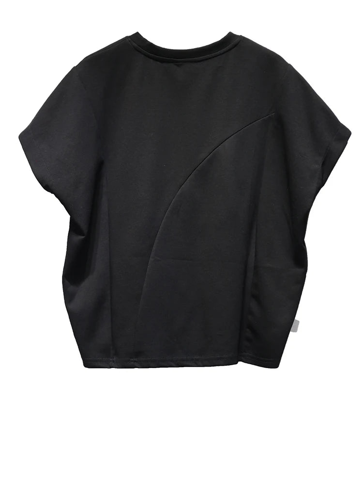 Women Black Irregular Hem Big Size Causal T-shirt New Round Neck Short Sleeve Fashion Tide Spring Summer 2025 1DJ1381