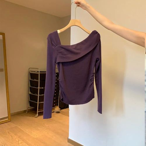 Load image into Gallery viewer, Autumn Winter Solid Temperament Sexy Slim Off Shoulder Long Sleeve Knitting Sweater Women Office Fashion Pleated Tops New Simple
