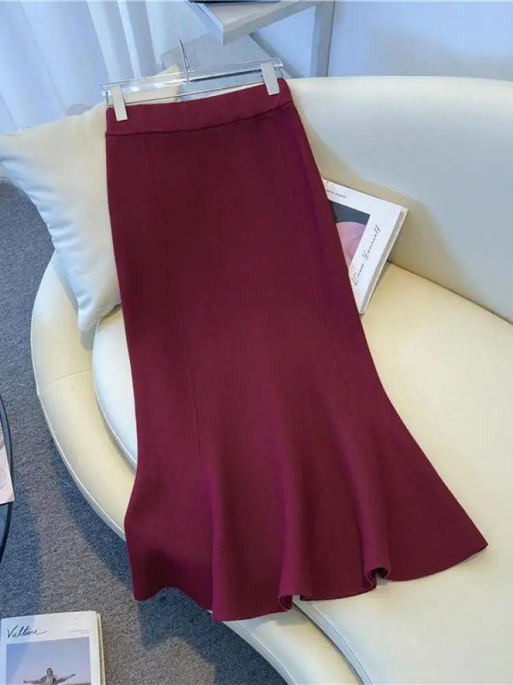 Vintage French Women's Solid Elegant Party Knitted Long Skirt Autumn Winter High Waist Vacation A-line Fishtail Skirt 2024 Trend