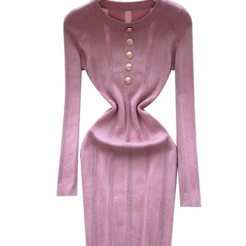 Retro 2024 Autumn Winter New Solid Long Sleeves Mini Dress Women's Elegant Office Lady Button Short Knit Dress Popular Clothing