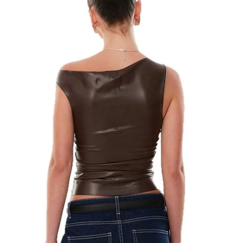 Load image into Gallery viewer, Ruched PU Leather Sexy Tank Tops For Women Fashion Oblique Shoulder Sleeveless Backless Skinny Crop Tops Elegant
