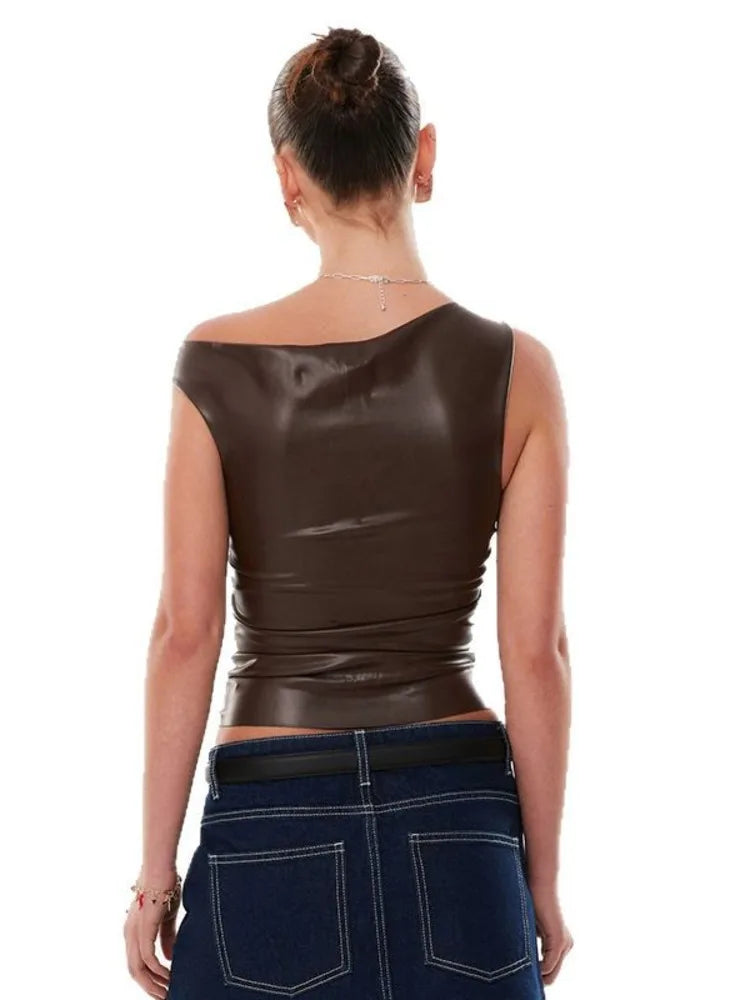Ruched PU Leather Sexy Tank Tops For Women Fashion Oblique Shoulder Sleeveless Backless Skinny Crop Tops Elegant