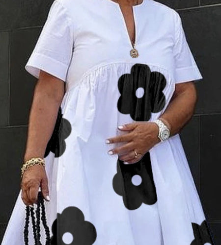 Flower Print Midi Dresses Woman Summer Loose V-neck Short Sleeves Appliques A Line Elegant Birthday Party Dresses 2025