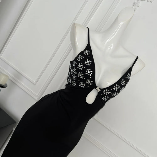 Load image into Gallery viewer, Summer Black Print Hollow Out Backless Party Slip Long Dress Women Sleeveless V Neck Sexy Club Wrapped Hip Dresses Clothes Trend
