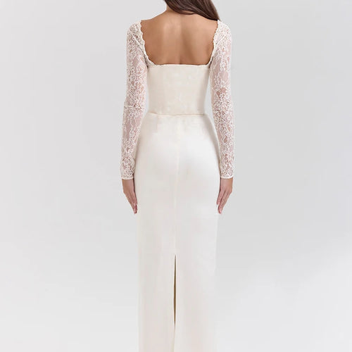Load image into Gallery viewer, Lace Long Sleeve Sexy Maxi Dress For Women White Square Collar Backless Back Split Bodycon Club Party Long Dress
