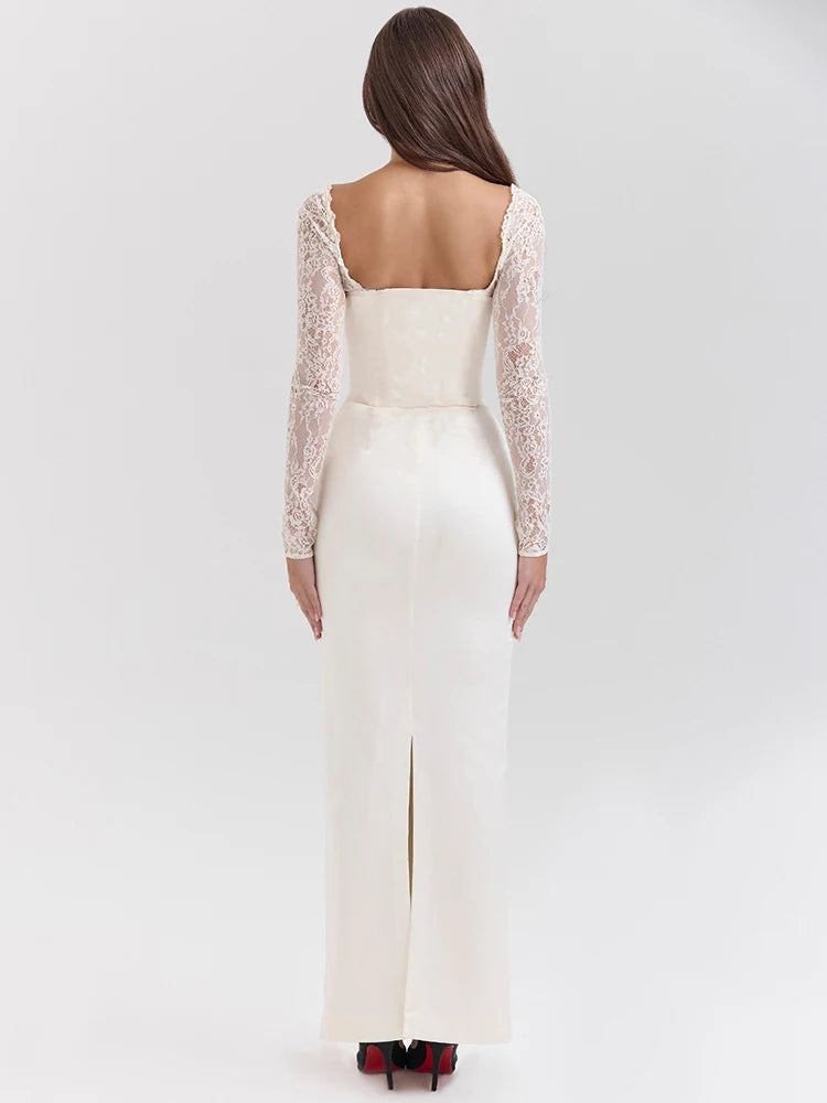 Lace Long Sleeve Sexy Maxi Dress For Women White Square Collar Backless Back Split Bodycon Club Party Long Dress