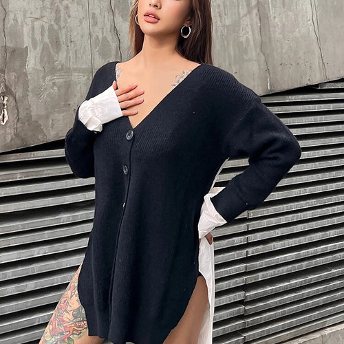 Load image into Gallery viewer, Patchwork Colorblock Knitting Cardigan For Women V Neck Long Sleeve Single Breasted Loose Sweater Female Style
