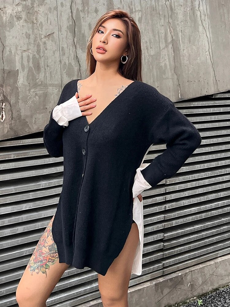 Patchwork Colorblock Knitting Cardigan For Women V Neck Long Sleeve Single Breasted Loose Sweater Female Style