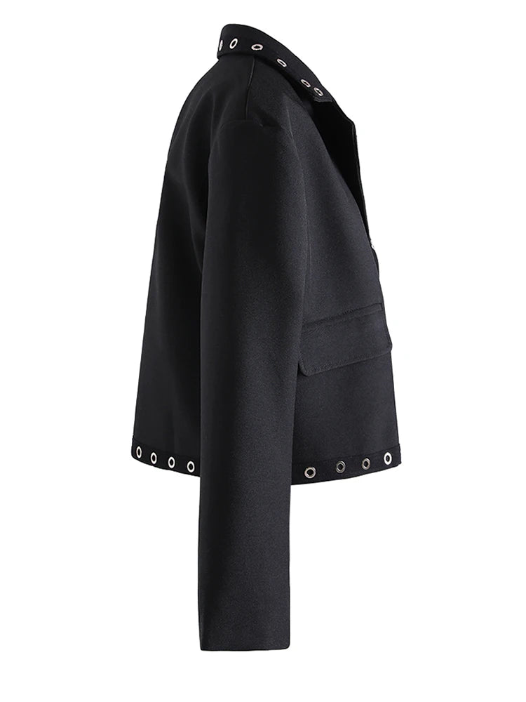 Women Black Hollow Out Big Size Elegant Blazer New Lapel Long Sleeve Jacket Fashion Tide Spring Autumn 2025 CPG1211