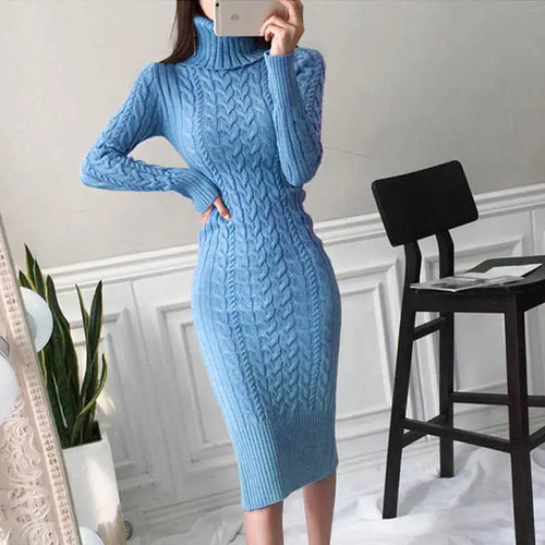 Load image into Gallery viewer, Autumn Winter Korean Blue Pink High Neck Slim Long Sleeve Dresses Women Retro Blue Temperament Wrap Hip Knitted Dress Simplicity
