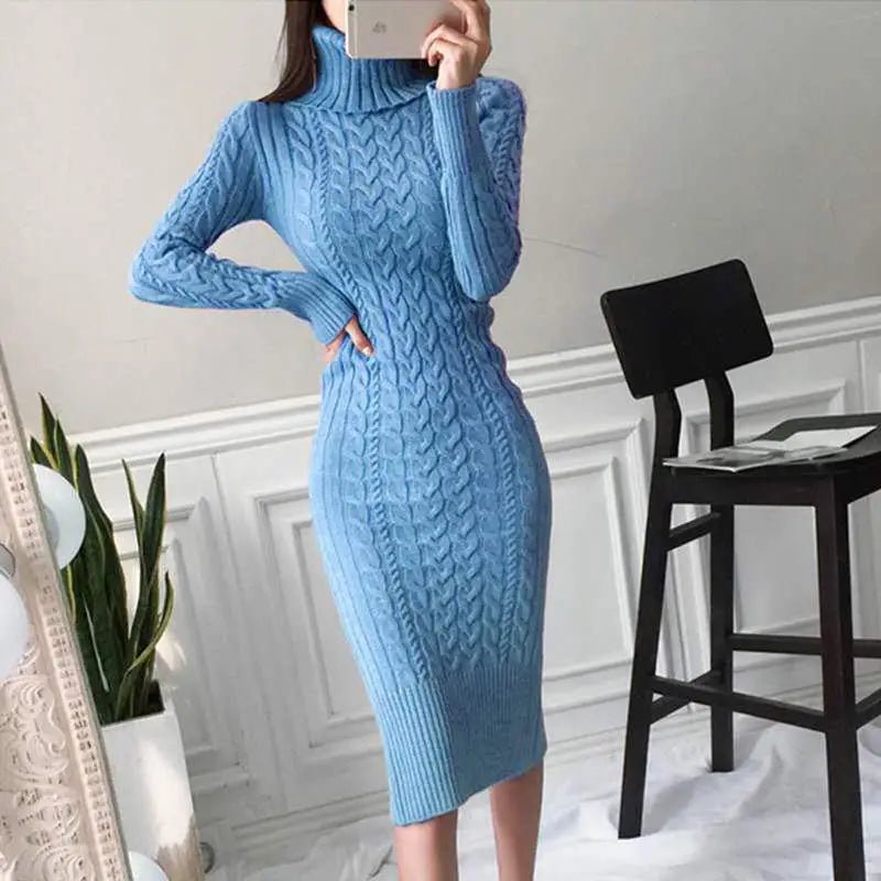 Autumn Winter Korean Blue Pink High Neck Slim Long Sleeve Dresses Women Retro Blue Temperament Wrap Hip Knitted Dress Simplicity