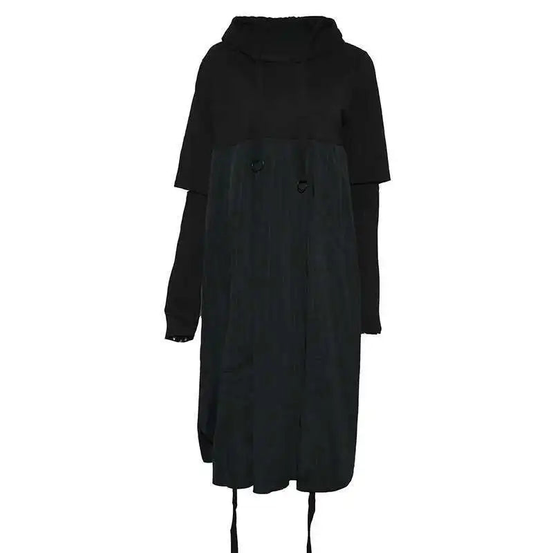 Women Black Drawstring Hollow Out Big Size Irregular Dress New Hooded Long Sleeve Fashion Tide Spring Autumn 2025 JD076