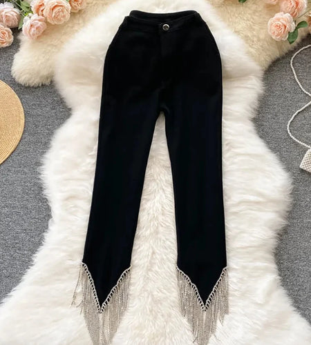 Black Tassel Pants for Women High Waisted Elegant Ankle Length Pencil Pants Spring 2023 Fashion Chic Casual Trousers