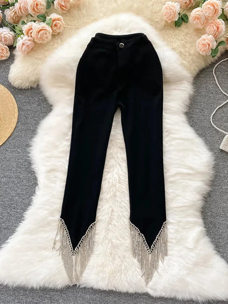 Black Tassel Pants for Women High Waisted Elegant Ankle Length Pencil Pants Spring 2023 Fashion Chic Casual Trousers