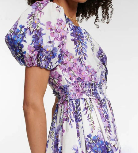 Casual Print Dress For Women Square Collar Short Puff Sleeve High Waist Patchwork Folds Dresses Female 2022 Summer Fashion