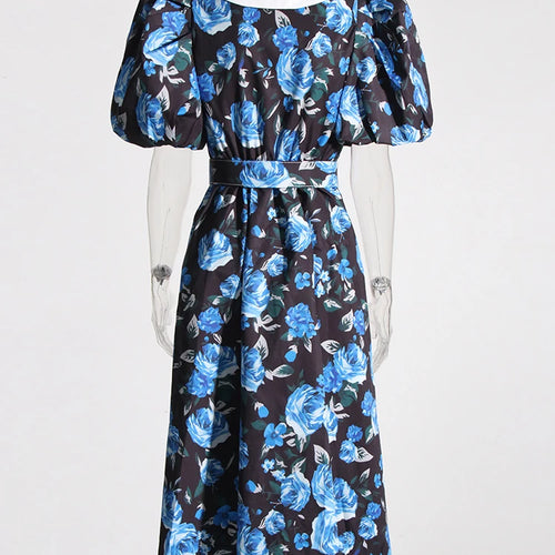 Load image into Gallery viewer, Casaul Floral Printing Dresses For Women Lapel Puff Sleeve Spliced Belt High Waist A Line Pleated Dress Female Fashion New
