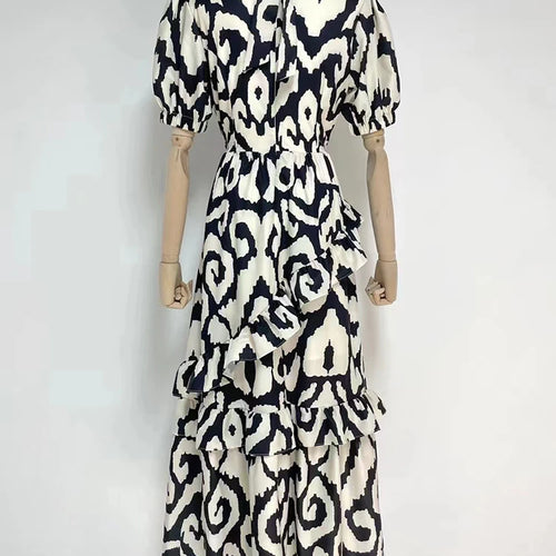 Load image into Gallery viewer, Irregular Ruffles Long Dresses For Women Bow Collar Puff Sleeve High Waist Print A Line Dress Female Summer Fashion Clothing
