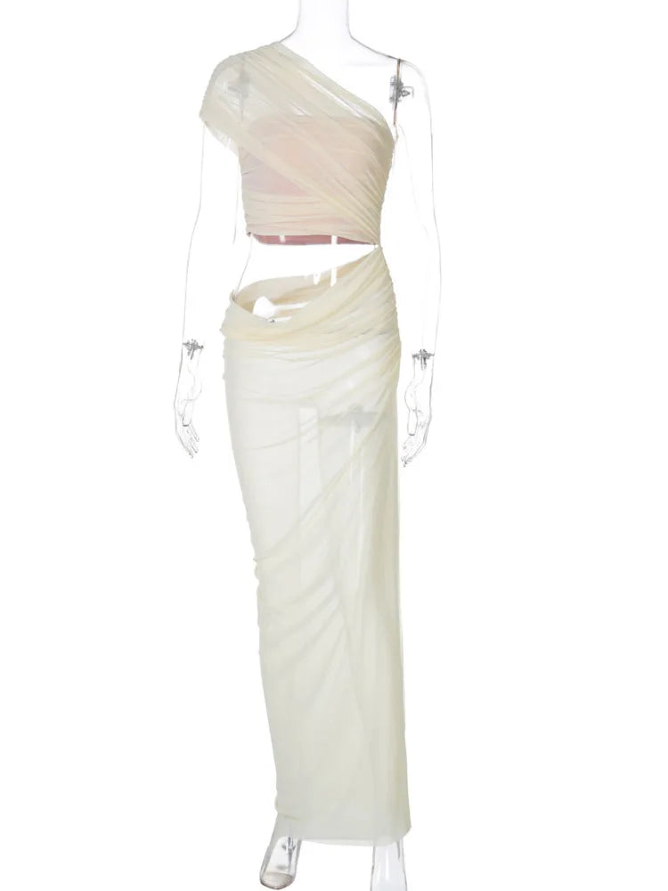 Mesh Hollow Out Backless Sexy Maxi Dress For Women Fashion One Sleeveless See Through Ruched Bodycon Club Long Dress