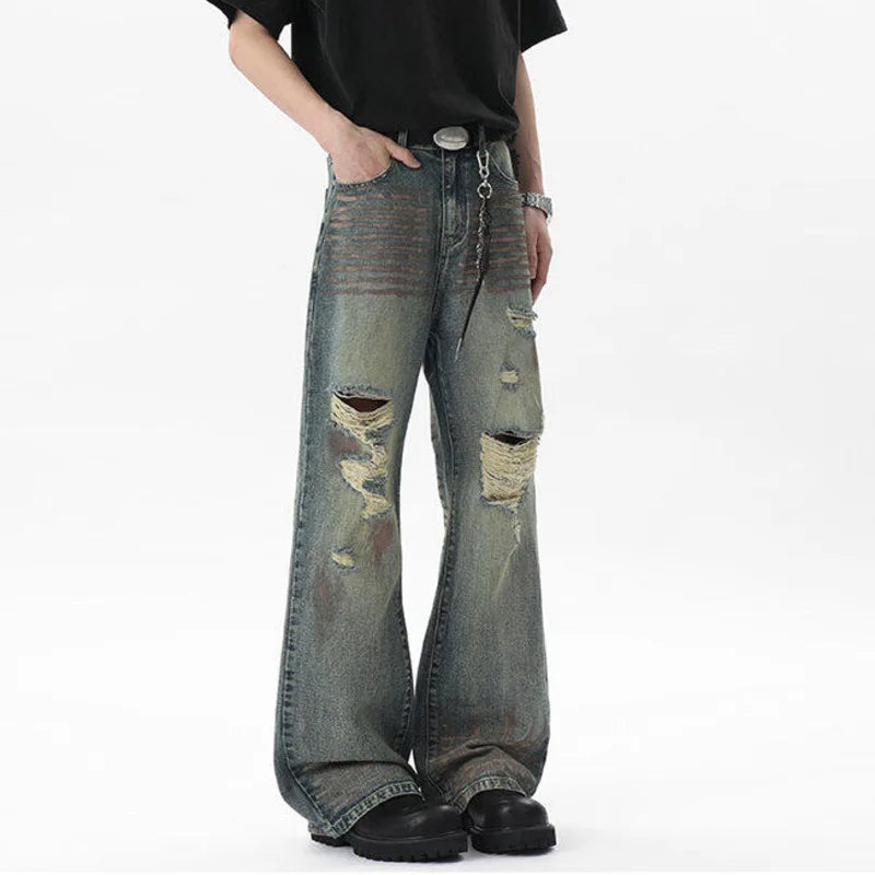 Hole Worn-out Male Jeans New Spring Splashing Ink Sparkling American Hign Street Distressed Men's Denim Pants 9W1529