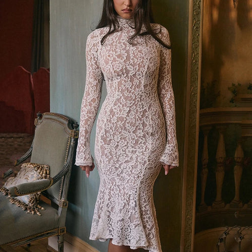 Load image into Gallery viewer, Lace Long Sleeve Sexy Midi Dress For Women Elegant White Half High Collar High Waist Bodycon Club Party Sexy Long Dress
