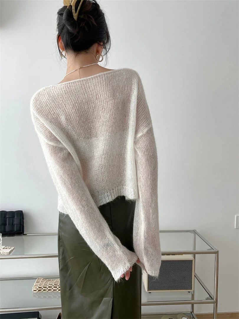 Thin Beige Big Size Knitting Sweater Round Neck Long Sleeve Women Pullovers New Fashion Tide Spring Summer 2025 1DF0250