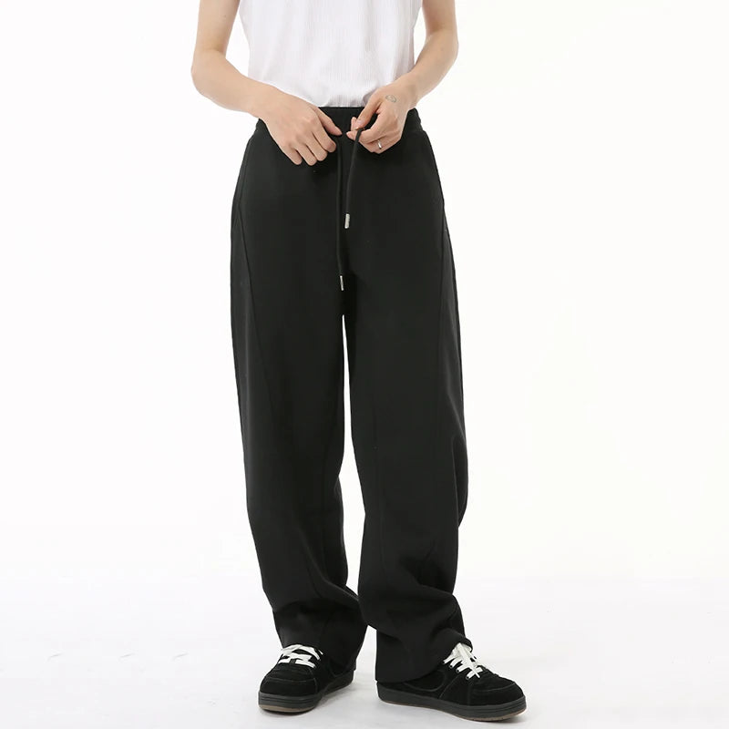 Trend Men's Casual Pants Loose Drawstring Straight Wide Leg Elastic Waist Solid Color Male Trousers Simple 9C6826