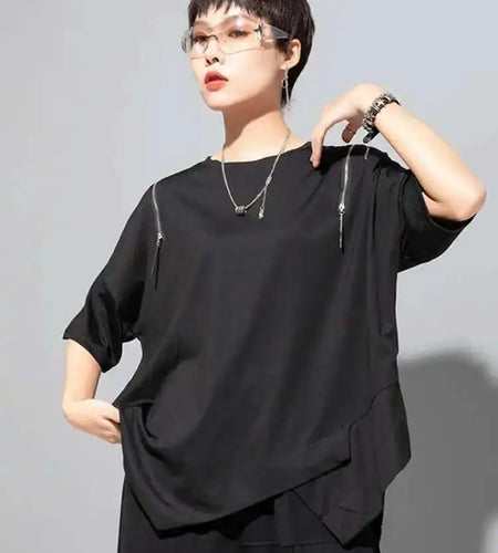 Women Black Off Shoulder Big Size Casual T-shirt New Round Neck Half Sleeve Fashion Tide Spring Summer 2025 1DF8822