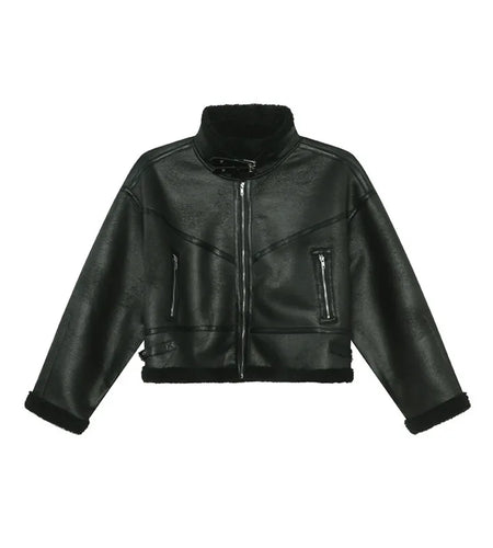 Vintage Men's Jackets Lamb Wool PU Leather Fleece Thickened Tops Contrast Color Turn-down Collar Zipper Male Coats 9C9218