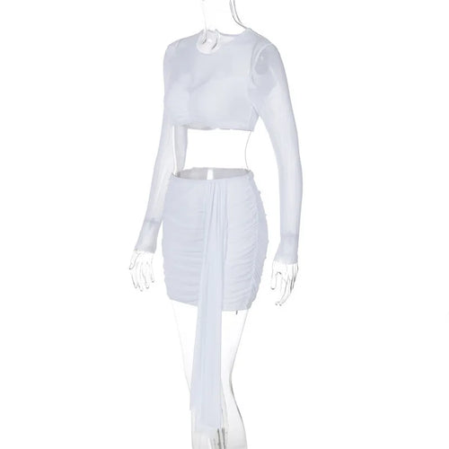 Load image into Gallery viewer, Sexy Skirt Two Piece Sets Women O Neck Long Sleeve T-shirt And Mini Draped Skirt Matching Sets Ladies Skinny Club Sets
