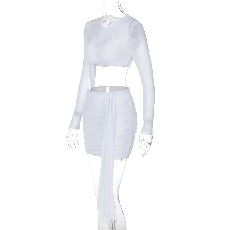 Sexy Skirt Two Piece Sets Women O Neck Long Sleeve T-shirt And Mini Draped Skirt Matching Sets Ladies Skinny Club Sets