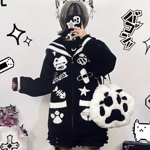 Load image into Gallery viewer, Streetwear Cartoon Jacquard Vintage Fluffy Coats Women Loose Sweet Y2k Aesthetic Zipper Top Japanese Kawaii Gothic Casual Jacket
