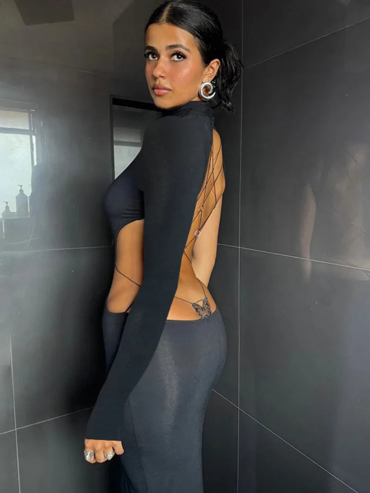Sexy Long Sleeved Backless Bodycon Dress For Women Autumn 2024 New Sexy Slim Small High Neck Backless Butterfly Dress